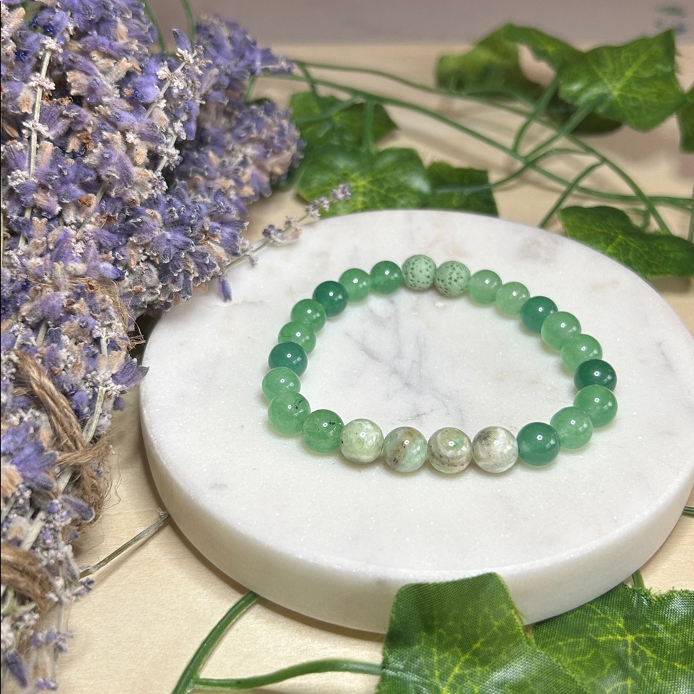 Green  Chalcedony, Green Calcite and lava stone stretch gemstone bracelet